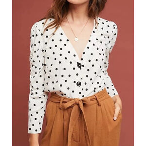 Maeve By Anthropologie Jourdain Blouse Size:M Polka Dot Ruched Sleeve